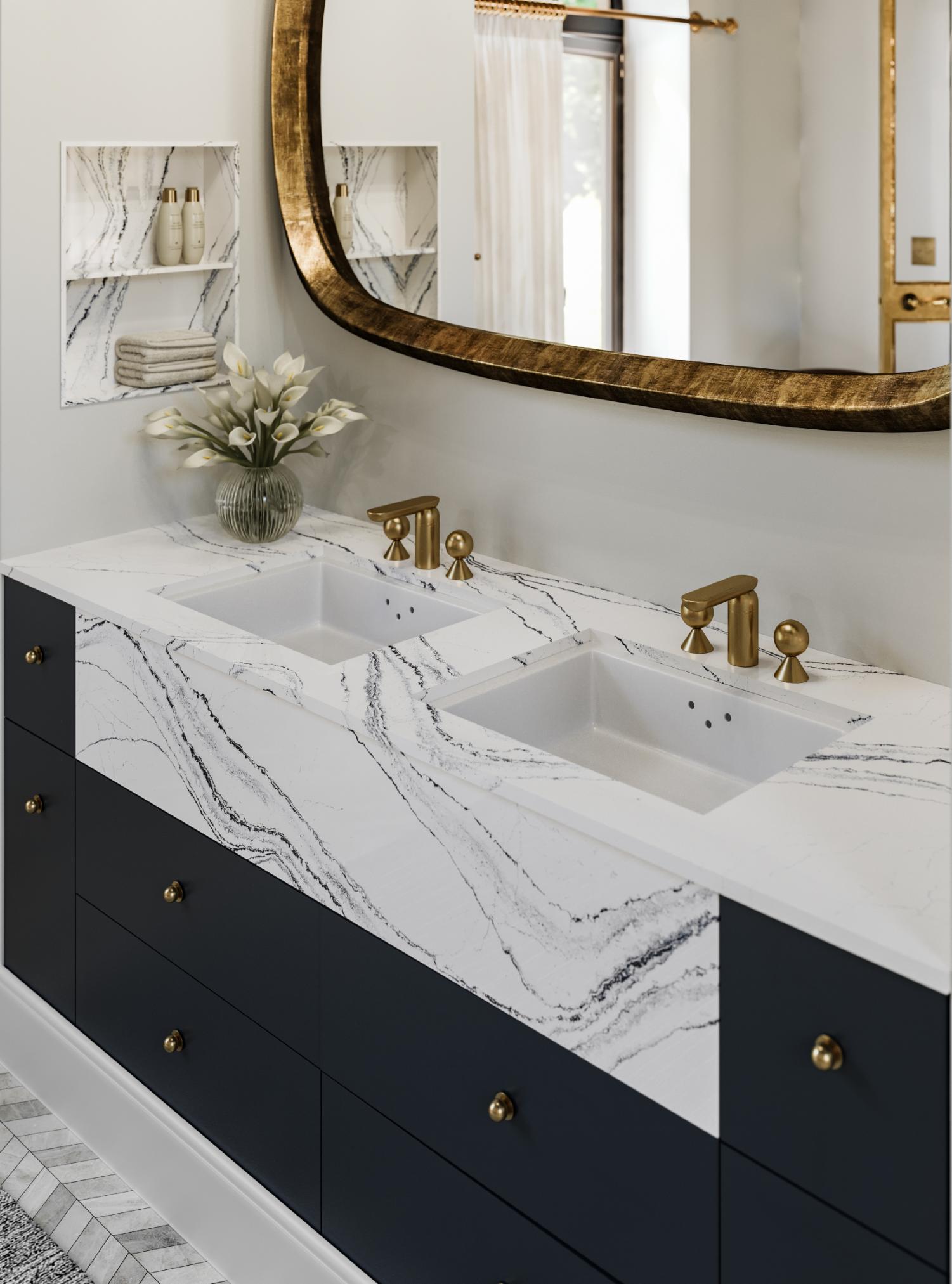 st germains cabinet mn cambria portrush vanity countertop mitered apron double sink