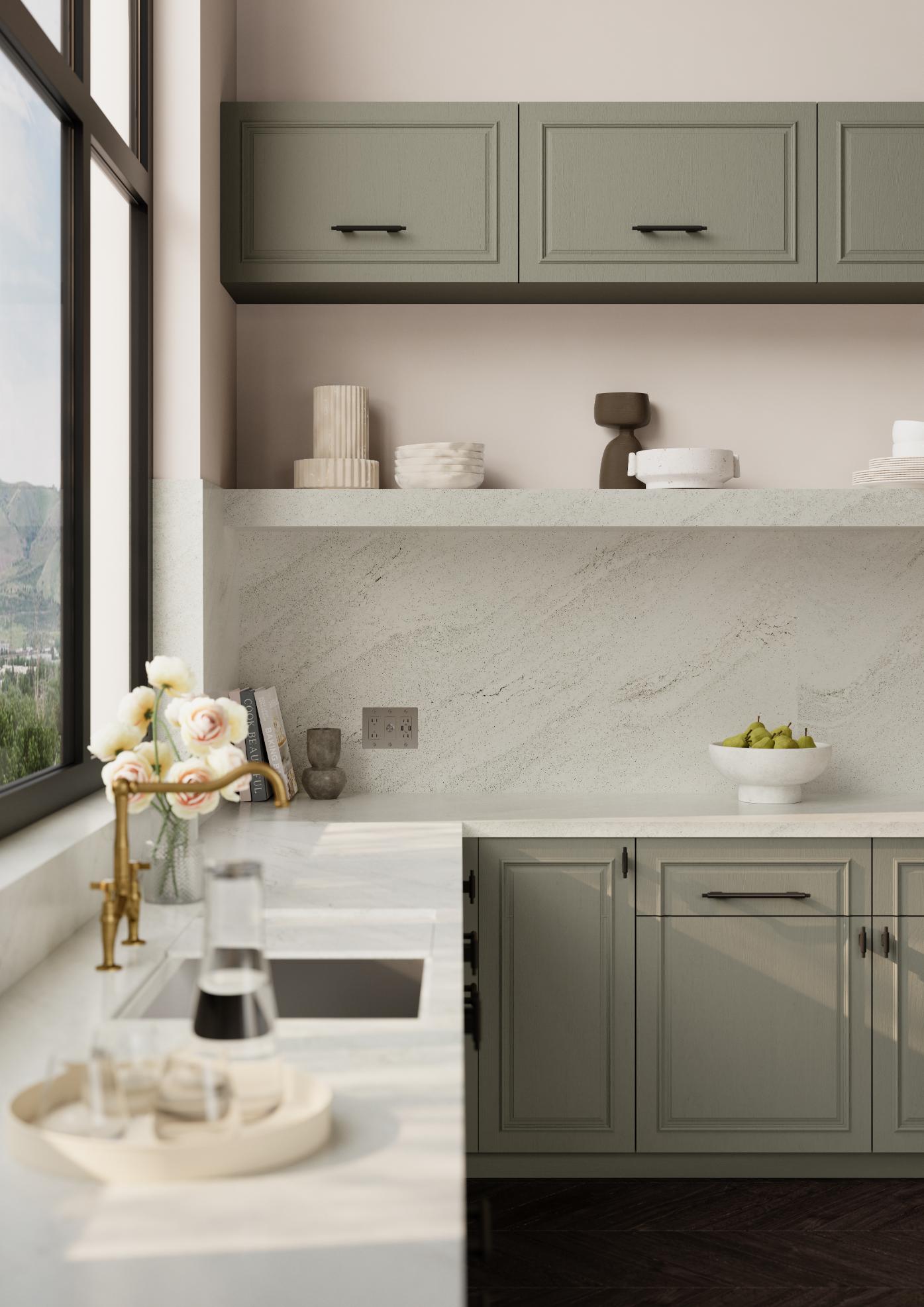 st germains cabinet cambria traymore bay kitchen countertop full height splash ledge shelf